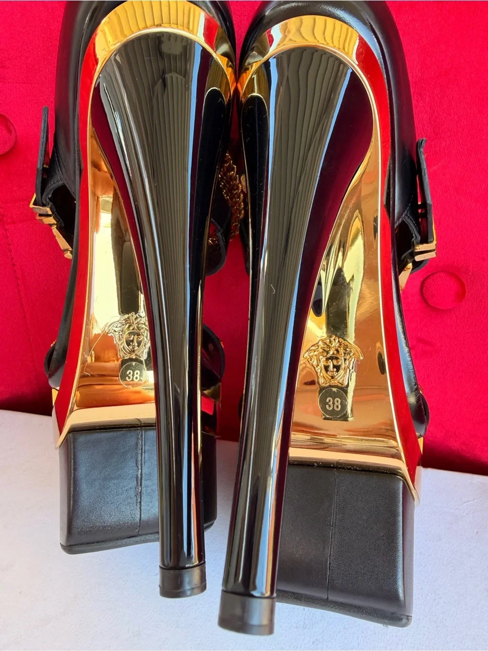 Versace Black and Gold Leather Triple Platform Medusa size 7.5/8 US